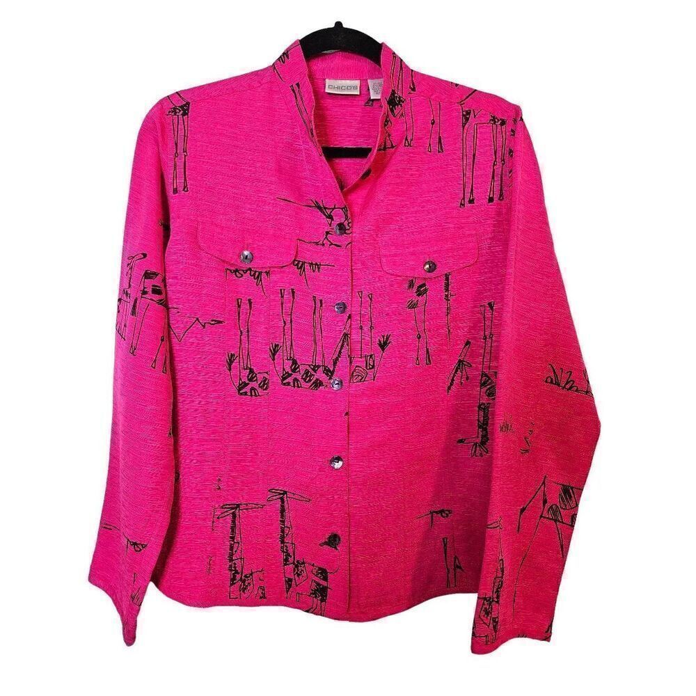 Chico's fusia colored jacket with artsy black giraffe print. Size 1 (S-M).
